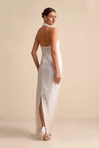 Elegant Halter Neck Maxi Dress with Geometric Sequin Embellishments and High Side Slit, Prom Dress