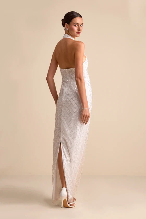 Elegant Halter Neck Maxi Dress with Geometric Sequin Embellishments and High Side Slit, Prom Dress
