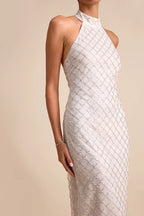 Elegant Halter Neck Maxi Dress with Geometric Sequin Embellishments and High Side Slit, Prom Dress