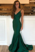 Emerald  Satin Mermaid V-neck Long Prom Dresses with Sweep Train