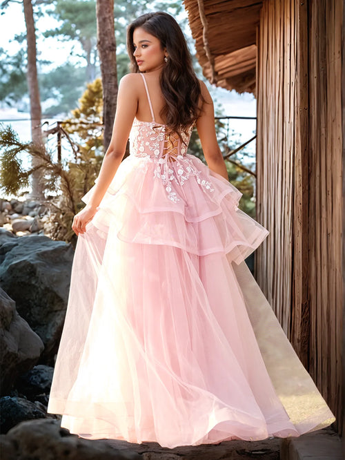 3D Embroidery Asymmetrical Tiered Ball Gown Prom Dress