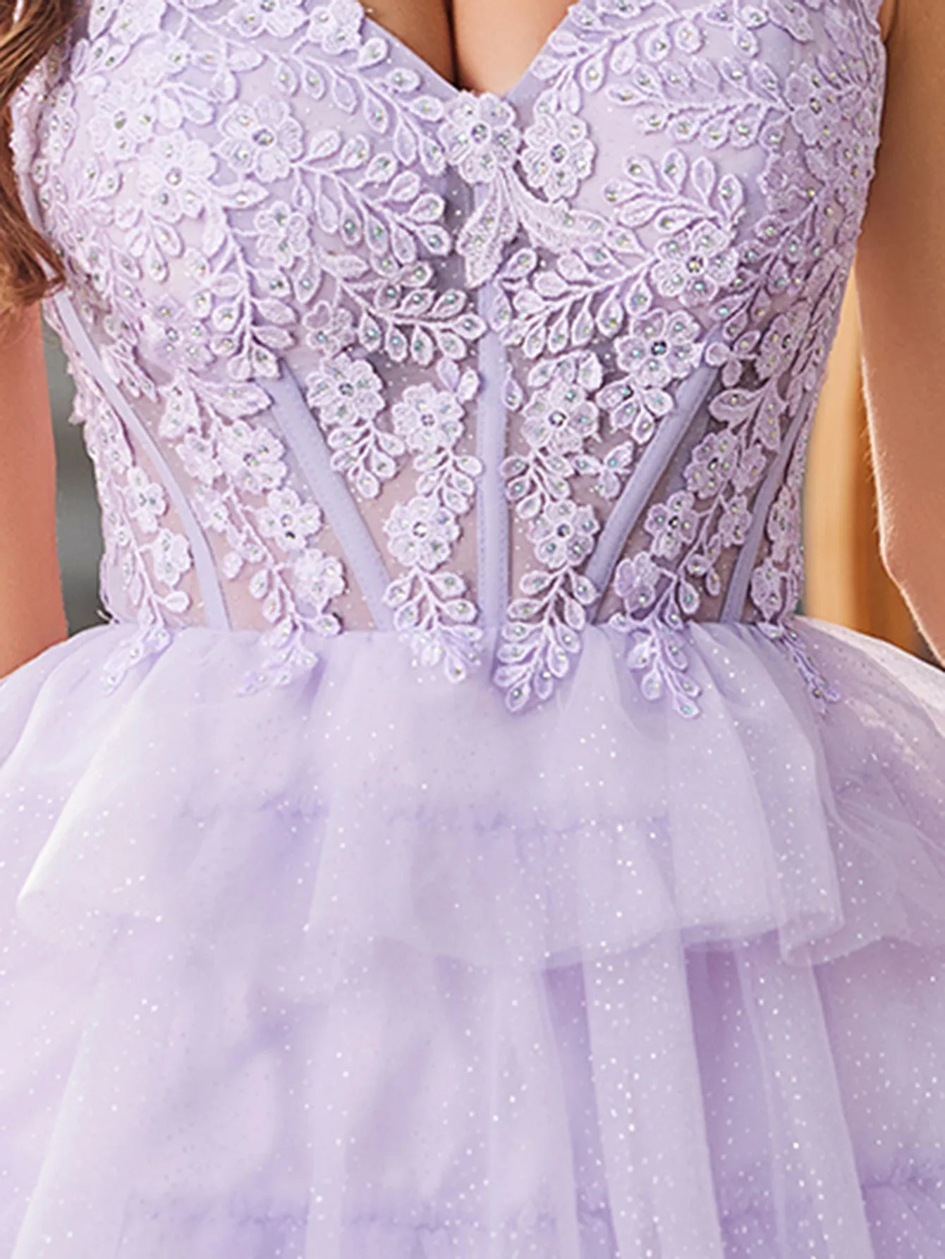 Flower Appliqued Corset Sparkly Lace Ruffle Tiered Prom Dress