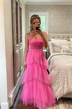 Hot Pink Tiered Tulle Prom Dress