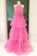 Hot Pink A-Line Tulle Prom Dress with Colorful Dots