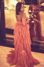 Vestido de fiesta largo con corpiño de encaje color óxido y abertura