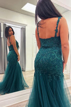Pfauen-Meerjungfrauen-Abendkleid mit V-Ausschnitt, Applikationen und Tüll, lang