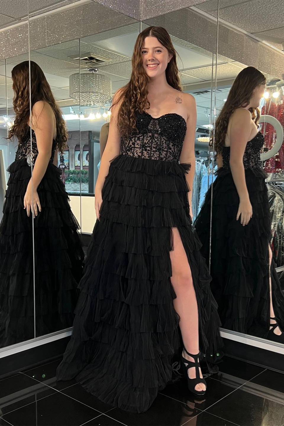A-line Strapless Tulle Long Prom Dress with Slit