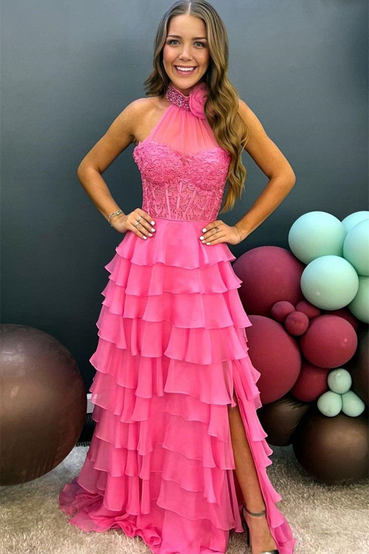 Vestido de fiesta de gasa con escote alto y capas, corte A y flores 3D