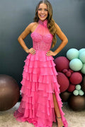 Vestido de fiesta de gasa con escote alto y capas, corte A y flores 3D