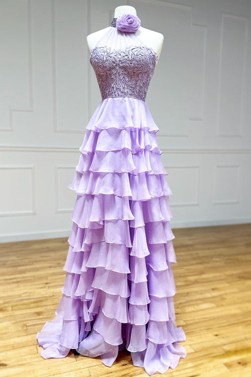 Vestido de fiesta de gasa con escote alto y capas, corte A y flores 3D