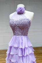 Vestido de fiesta de gasa con escote alto y capas, corte A y flores 3D