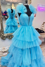 Light Blue Ruffle Straps A-Line Tiered Prom Dress