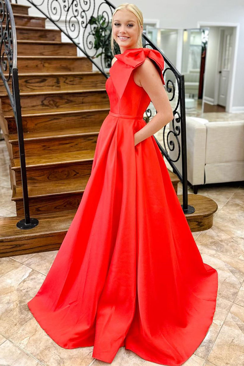 One Shoulder Bow Tie Satin Prom Dress with Pockets