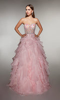 Märchenhaftes, trägerloses Ballkleid in Rouge mit floral verziertem Korsett und gerafftem Organza-Rock: Abschlussballkleid