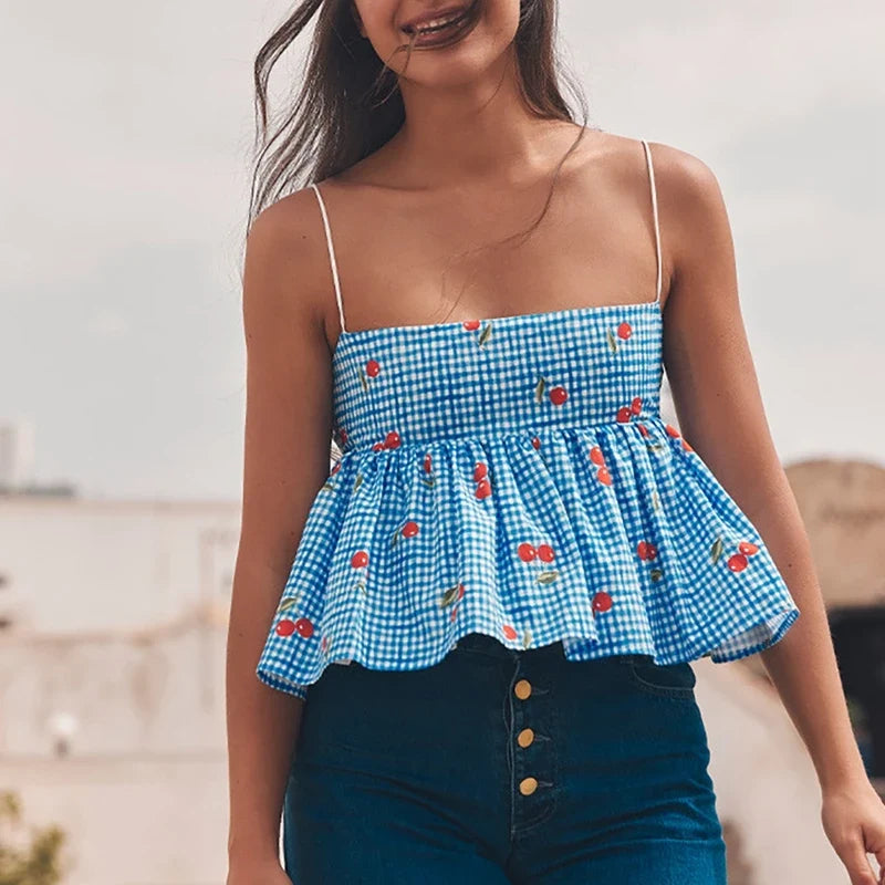 Cherry Plaid Peplum Crop Top