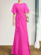 A-Linien-Kleid aus Chiffon in Bodenlänge für die Mutter der Braut mit kaskadenartigen Rüschen, Perlen und Pailletten