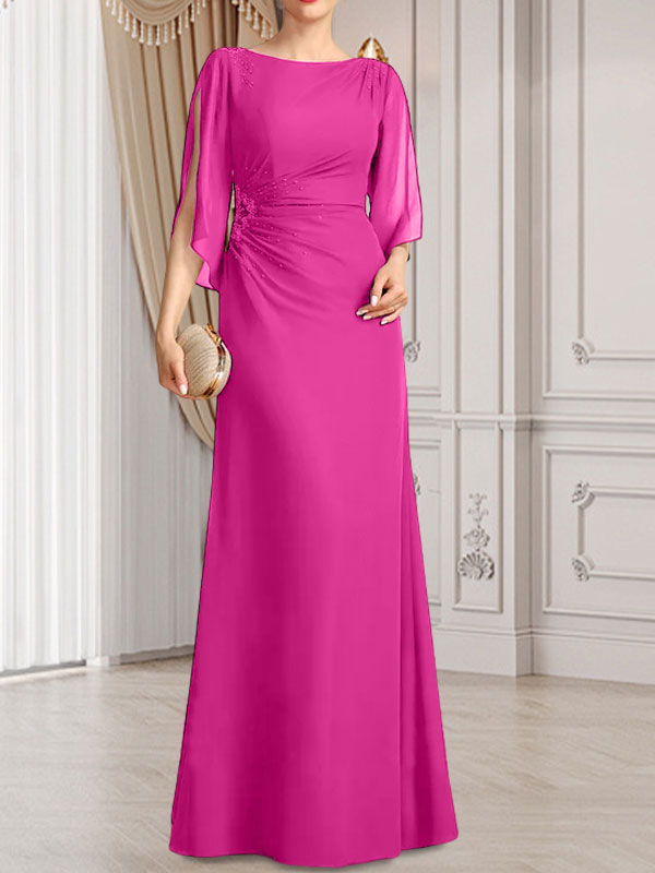 Etui-/Säulen-Chiffonkleid in Bodenlänge für die Mutter der Braut mit plissierter Perlenstickerei