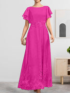 A-Linien-Kleid mit Rundhalsausschnitt, knöchellang, aus Spitze und Chiffon, mit Pailletten besetzt