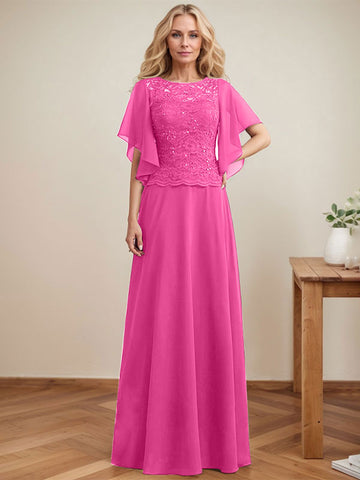 Vestido de madre de la novia de gasa con encaje, ilusión, largo hasta el suelo, corte A y lentejuelas 