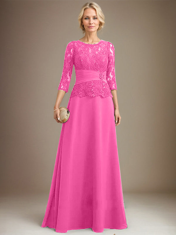 A-Linien-Kleid mit U-Boot-Ausschnitt, Illusion-Detail, bodenlang, aus Chiffonspitze, mit plissierten Pailletten und Perlenstickerei für die Mutter der Braut. 
