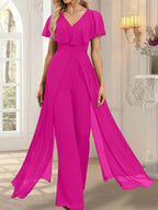 Jumpsuit/Hosenanzug, bodenlanges Chiffon-Abendkleid mit V-Ausschnitt