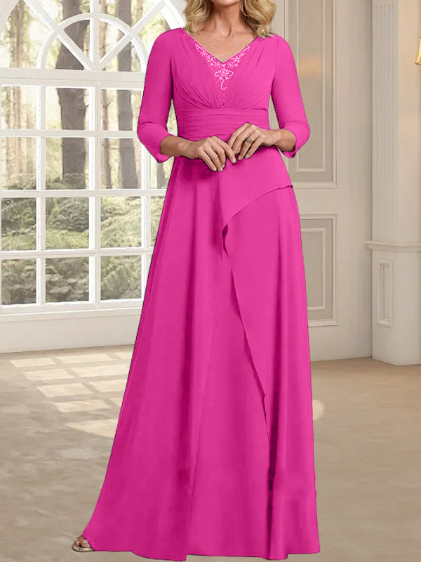 A-Linien-Kleid aus Chiffon mit V-Ausschnitt, bodenlang, für die Mutter der Braut, mit plissierter Perlenstickerei