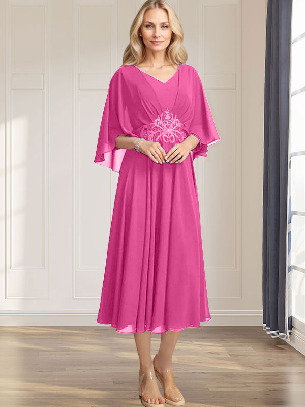 A-Linien-Kleid aus Chiffon mit V-Ausschnitt, Teelänge, plissierten Paillettenapplikationen und Perlenstickerei für die Mutter der Braut 