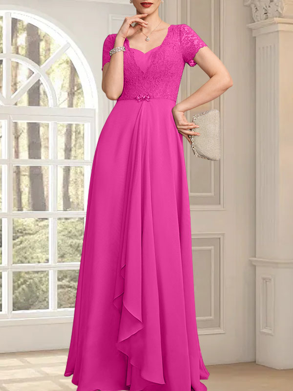 A-Linien-Kleid mit herzförmigem Herzausschnitt, bodenlang, aus Chiffon und Spitze, mit Perlenstickerei und Kaskadenrüschen – ideal für die Mutter der Braut