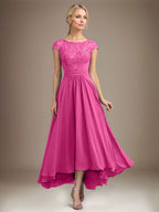A-Linien-Kleid aus Chiffon mit asymmetrischem, plissiertem Spitzeneinsatz und Illusion-Ausschnitt für die Mutter der Braut 