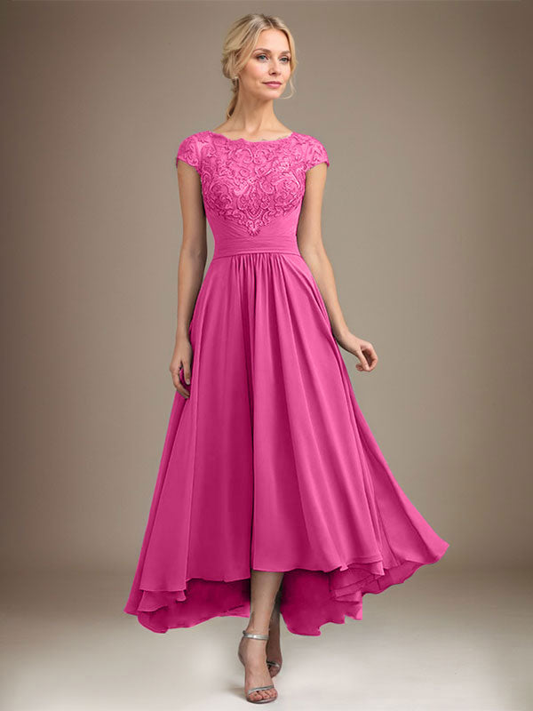 A-Linien-Kleid aus Chiffon mit asymmetrischem, plissiertem Spitzeneinsatz und Illusion-Ausschnitt für die Mutter der Braut 