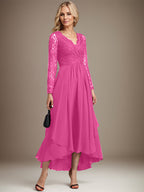 A-Linien-Kleid aus Chiffon mit V-Ausschnitt und asymmetrischer Spitze für die Mutter der Braut