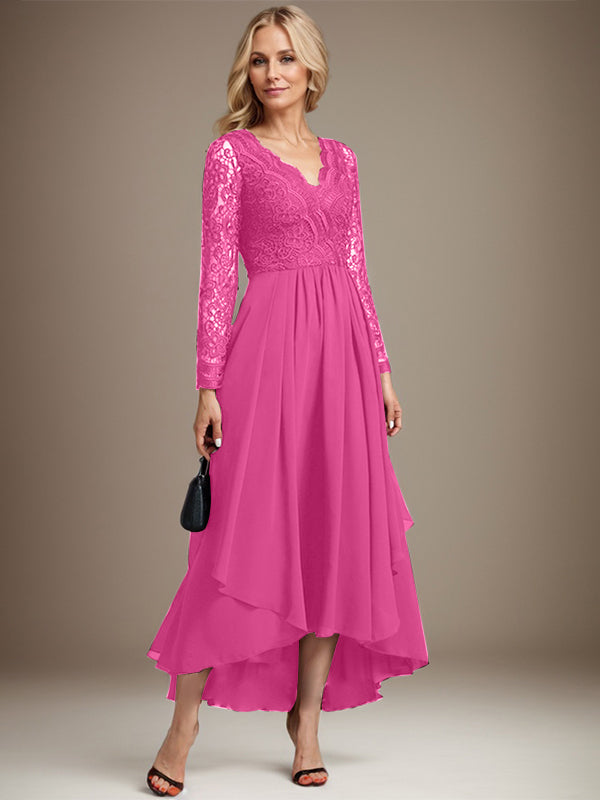 Vestido de gasa con encaje asimétrico y escote en V para madre de la novia 