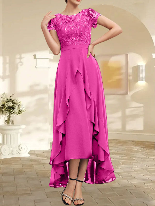 A-Linien-Kleid mit asymmetrischem Chiffon-Spitzenausschnitt, Schleife, Rüschen und Pailletten für die Mutter der Braut 