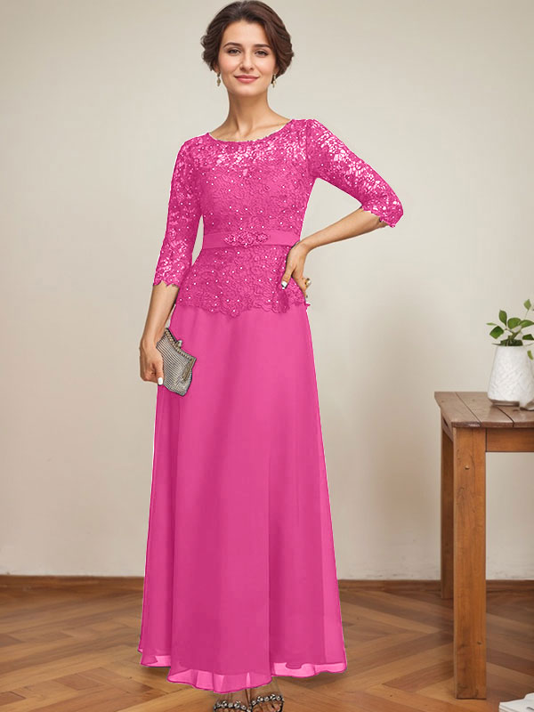 Vestido de gasa con encaje y escote ilusión hasta los tobillos para madre de la novia con cuentas de diamantes de imitación 