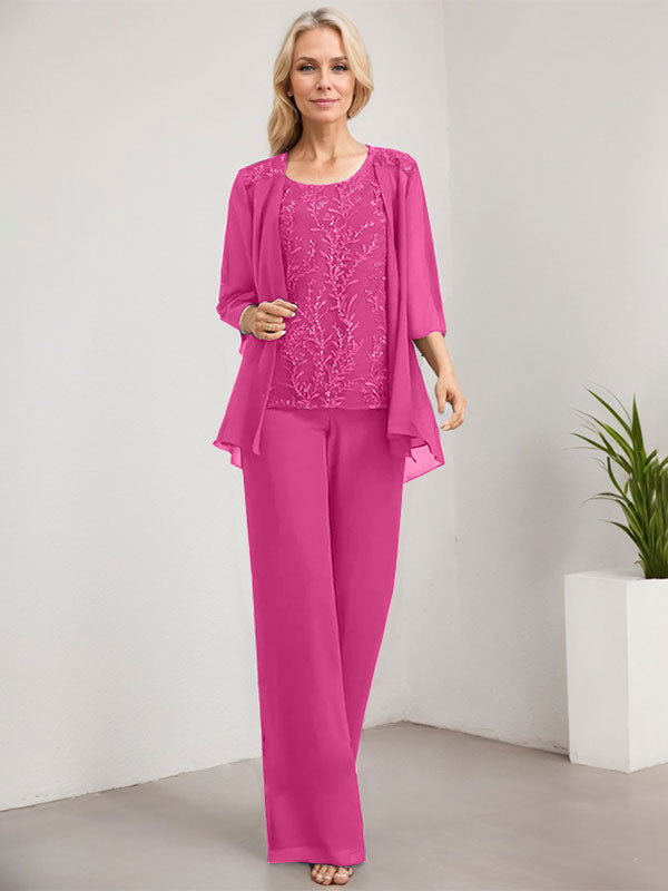 Zweiteiliger Jumpsuit/Hosenanzug, bodenlanges Chiffon-Kleid mit Spitze und Pailletten für die Mutter der Braut