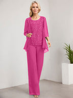 Zweiteiliger Jumpsuit/Hosenanzug, bodenlanges Chiffon-Kleid mit Spitze und Pailletten für die Mutter der Braut