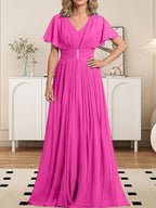 A-Linien-Chiffonkleid mit V-Ausschnitt, bodenlang, für die Mutter der Braut, mit Kristallbrosche und Falten 