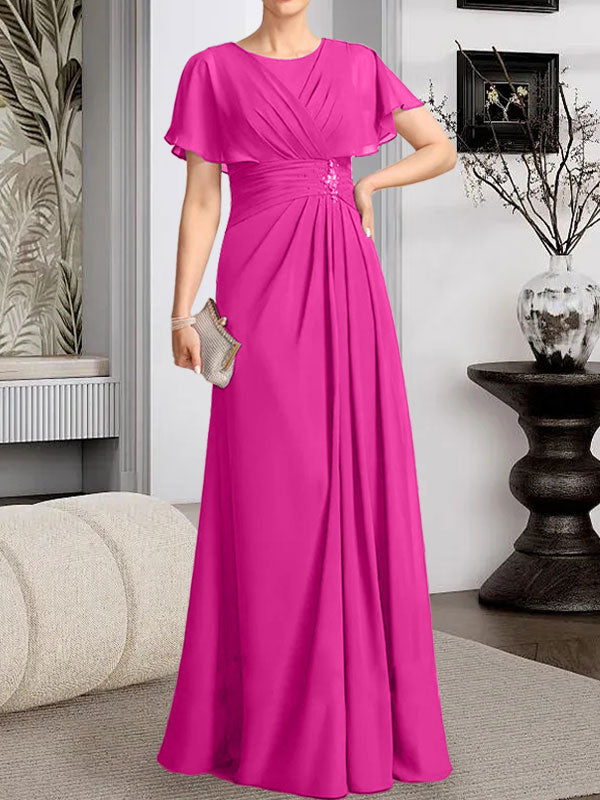A-Linien-Kleid aus Chiffon mit Rundhalsausschnitt und bodenlanger Verarbeitung, verziert mit plissierten Perlen.