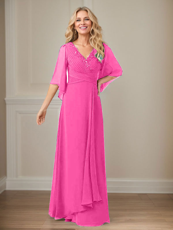 Langes Pailletten-Chiffon-Kleid in A-Linie mit V-Ausschnitt für die Mutter