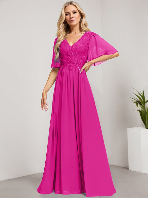 A-Linien-Kleid aus Chiffon mit V-Ausschnitt, bodenlang, mit Pailletten besetzt – ideal für die Mutter der Braut 