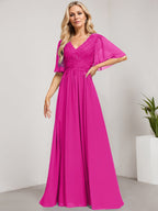 A-Linien-Kleid aus Chiffon mit V-Ausschnitt, bodenlang, mit Pailletten besetzt – ideal für die Mutter der Braut 