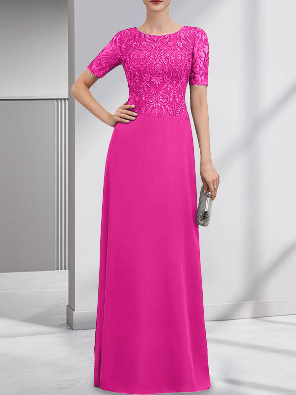 A-Linien-Kleid aus Chiffon mit Pailletten und Rundhalsausschnitt, bodenlang, für die Mutter der Braut