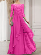 A-Linien-Kleid mit U-Boot-Ausschnitt, Illusion-Effekt, bodenlang, aus Chiffon und Spitze, mit Kaskadenrüschen – perfekt für die Mutter der Braut