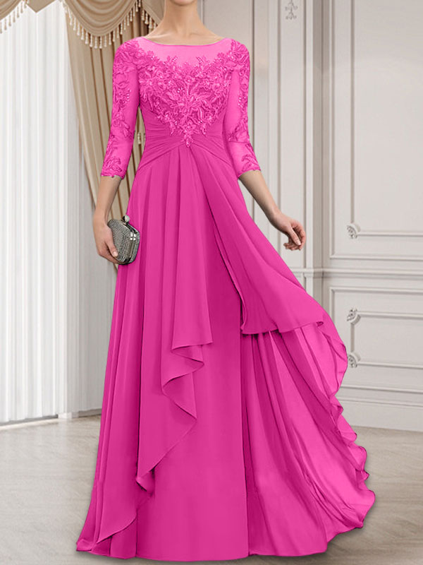 Vestido de gasa con encaje y volantes en cascada para madre de la novia, corte A, escote ilusión, largo hasta el suelo