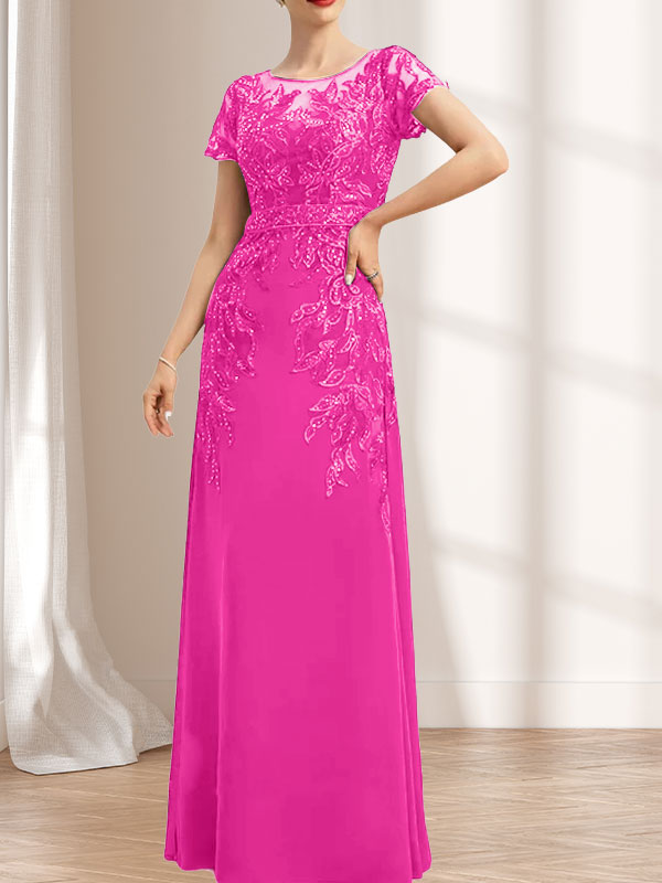 Etuikleid/Säulenkleid mit Illusion-Ausschnitt, bodenlang, aus Chiffon und Spitze mit Pailletten für die Mutter der Braut