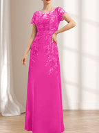 Etuikleid/Säulenkleid mit Illusion-Ausschnitt, bodenlang, aus Chiffon und Spitze mit Pailletten für die Mutter der Braut