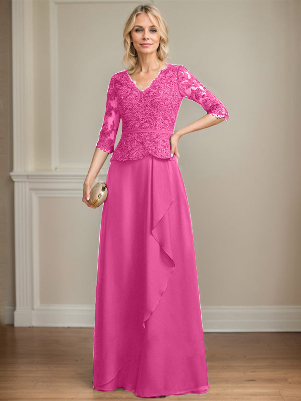 A-Linien-Kleid aus Chiffon mit V-Ausschnitt, bodenlang, mit Spitze, Kaskadenrüschen und Pailletten für die Mutter der Braut 