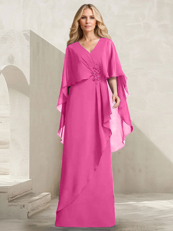 A-Linien-Kleid aus Chiffon mit V-Ausschnitt, bodenlang, mit Kaskadenrüschen und Perlenstickerei für die Mutter der Braut. 