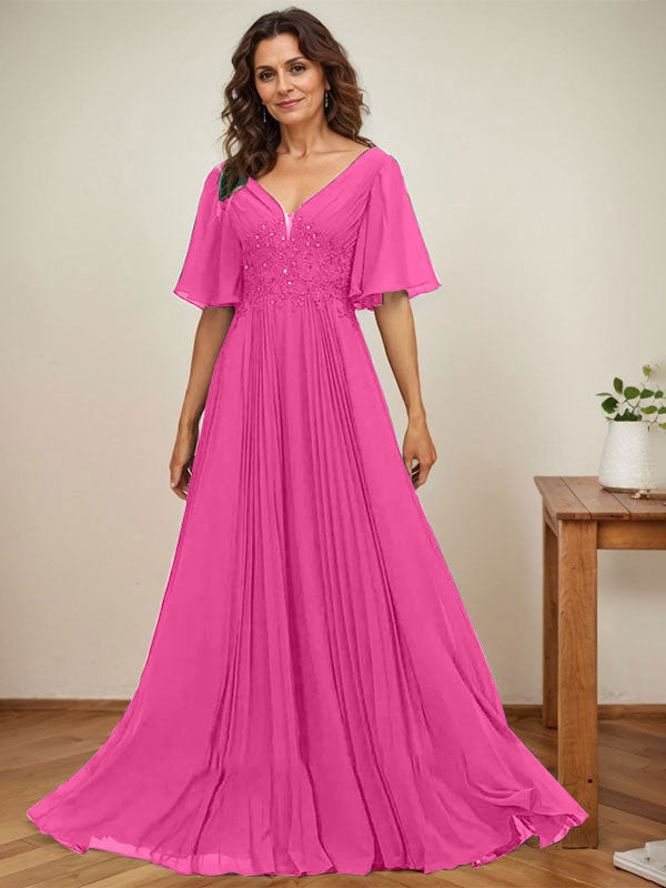 A-Linien-Kleid aus Chiffon mit V-Ausschnitt, bodenlang, mit Paillettenapplikationen, Spitze und Falten für die Mutter der Braut 