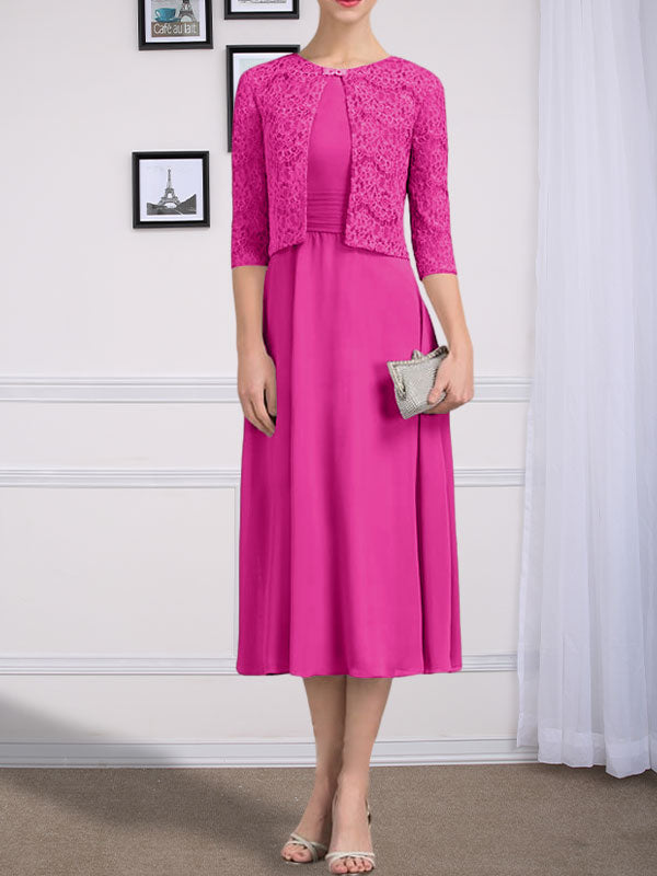 Vestido de gasa para madre de la novia, corte A, escote redondo, largo hasta la rodilla, con pliegues